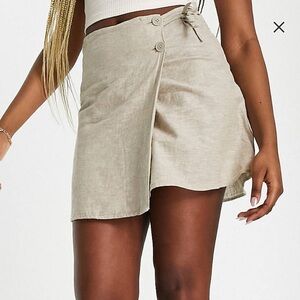 NWT ASOS MONKI Linen Wrap Tie Detail Mini Skirt in Beige